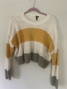 moon & madison White, Mustard & Green Striped Crewneck Sweater